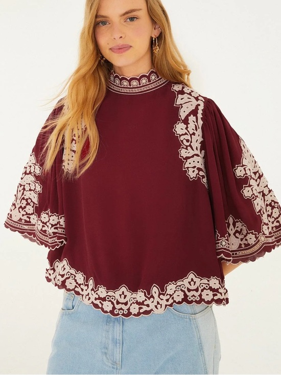 Farm Rio Tops - Farm Rio Burgundy Bicolor Palm Tree Embroidery Blouse